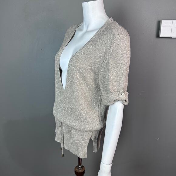 Massimo Dutti sweater Large lightweight linen belted v-neck blouson minimalist - Picture 6 of 14